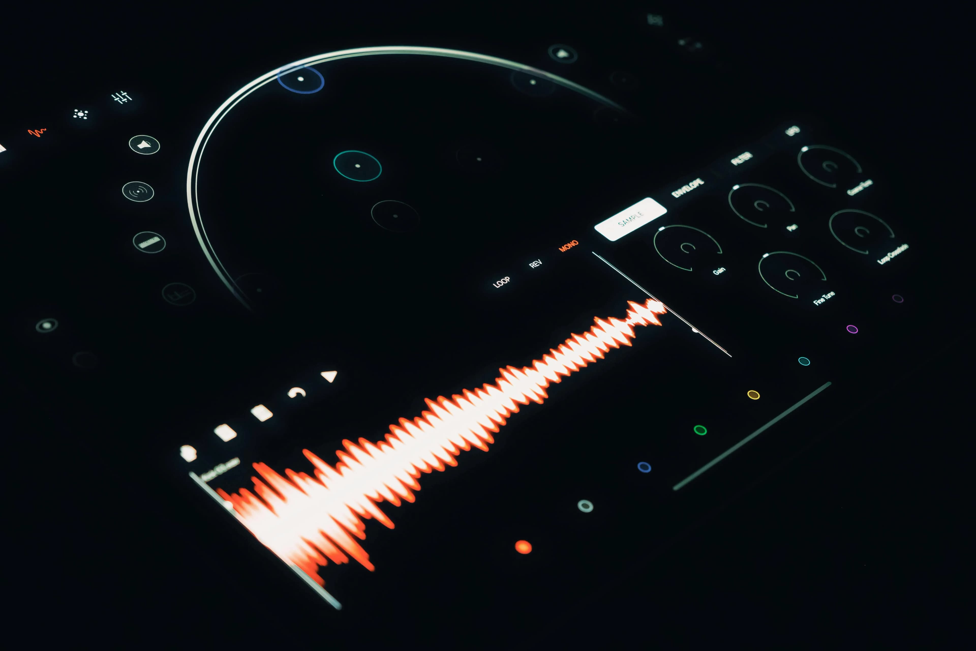 Close-up of a digital audio interface showing a vibrant sound waveform, evoking speech captured for transcription