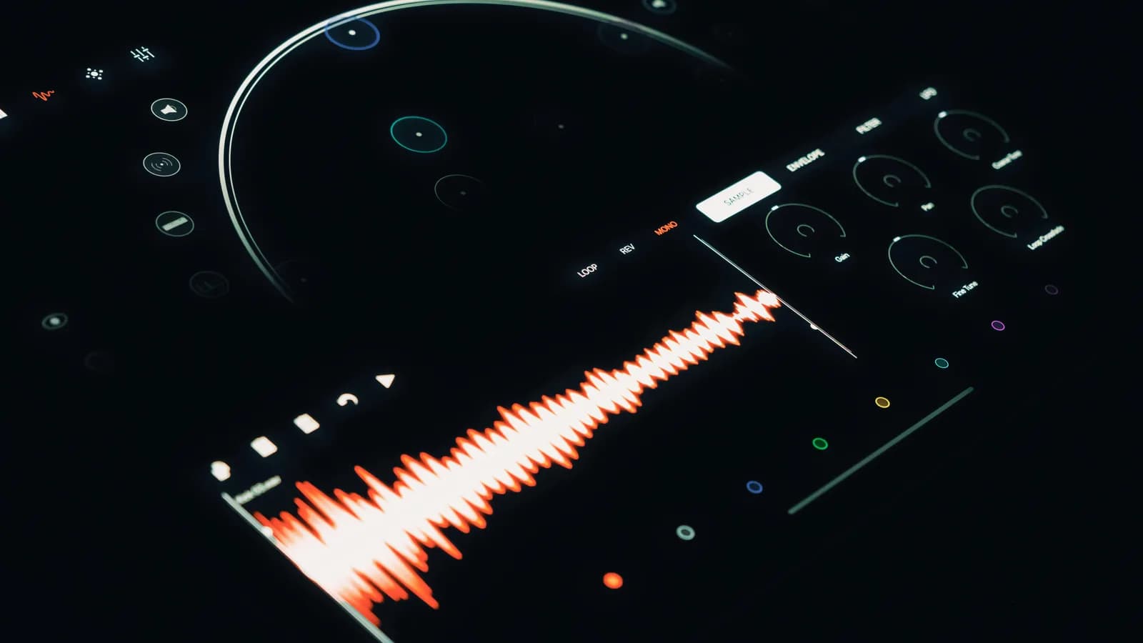 Close-up of a digital audio interface showing a vibrant sound waveform, evoking speech-to-text processing
