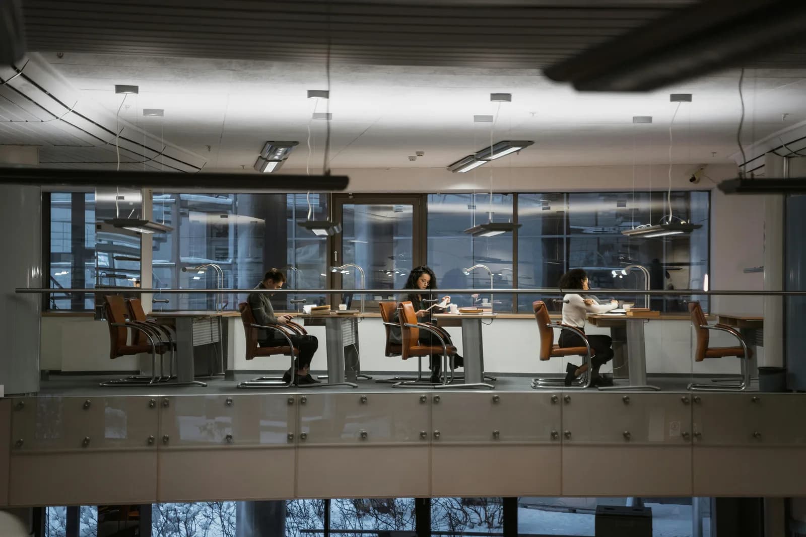 Quiet university library reading room with long study desks and shelves of bound theses