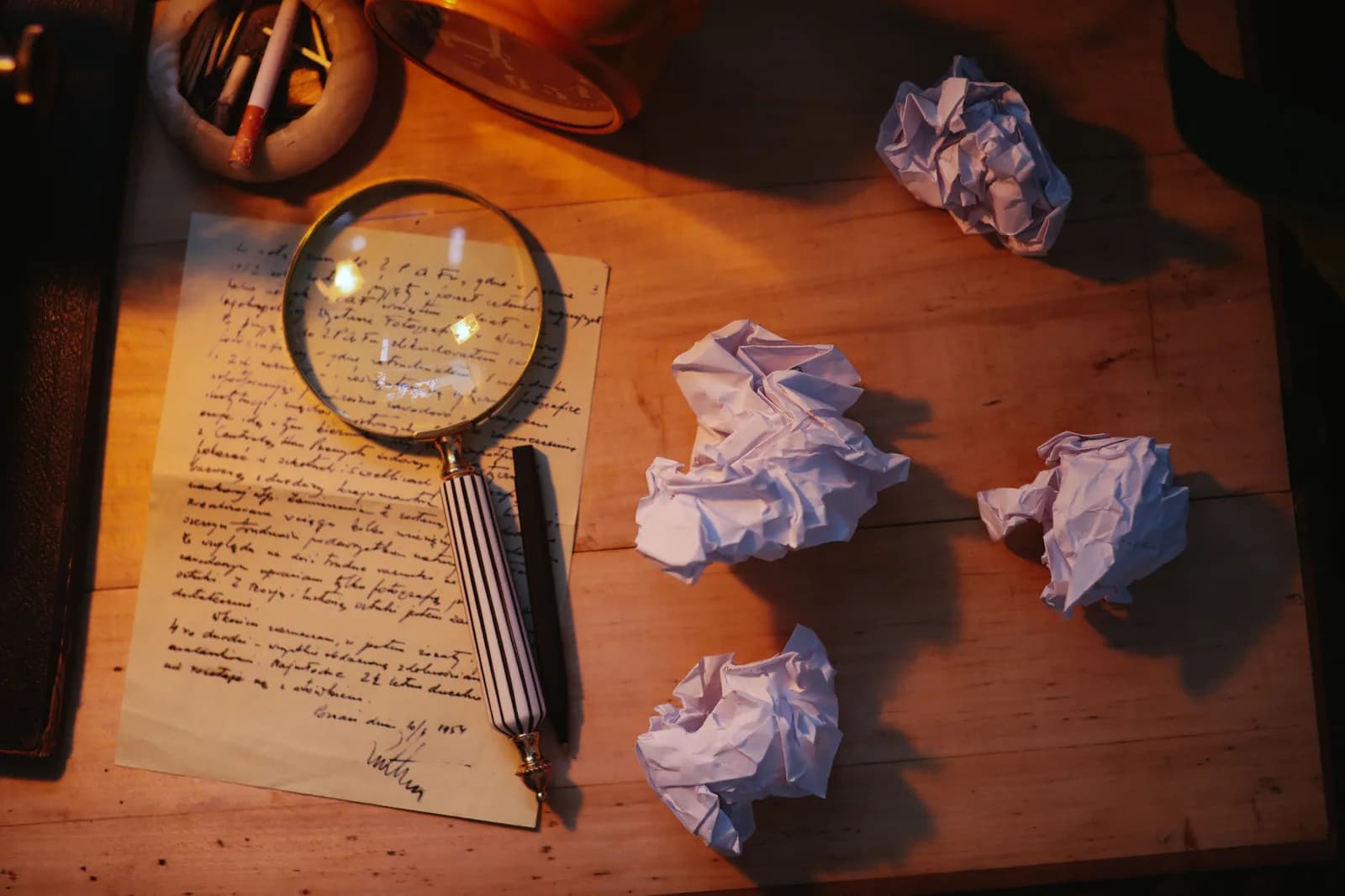 A handwritten letter, reading glasses, and a coffee cup on a warm wooden table, evoking unhurried writing