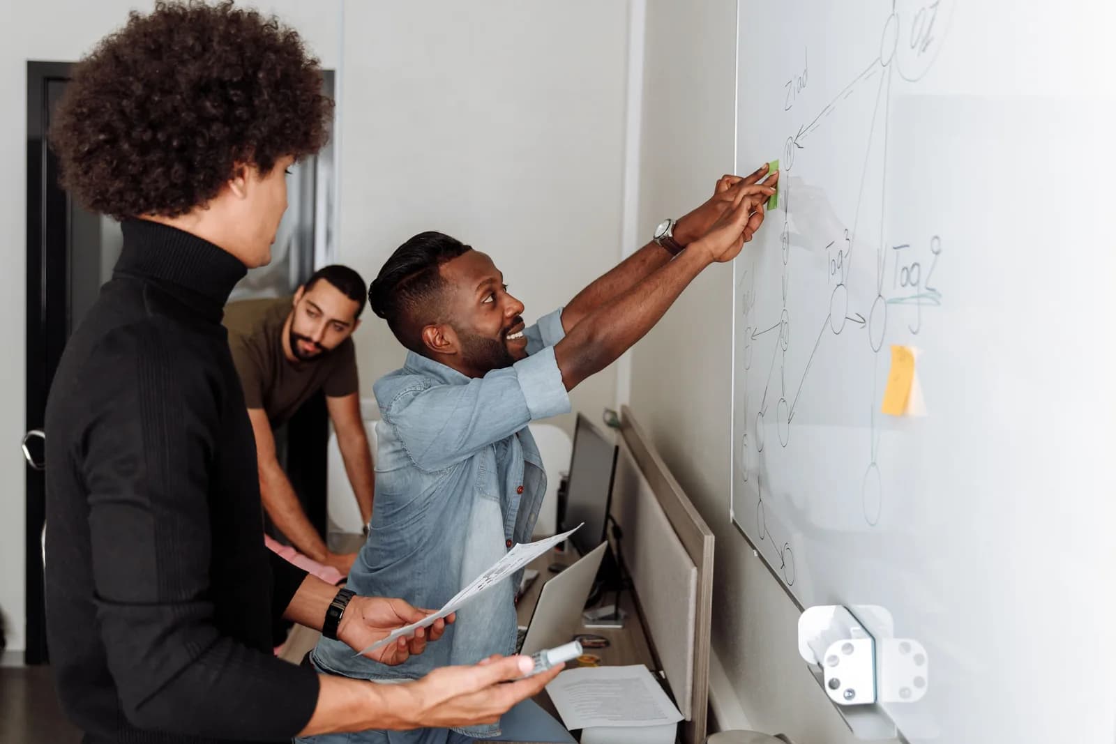 A team brainstorming at a whiteboard in an office, the multi-person meeting where a recorder earns its place