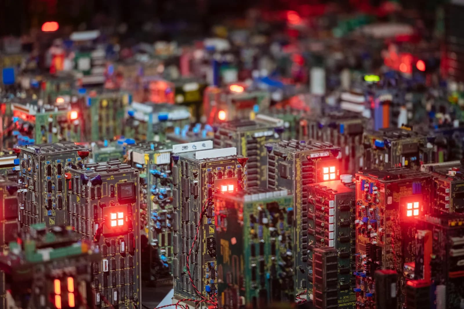 Close-up of a circuit board with a glowing processor, representing local on-device transcription