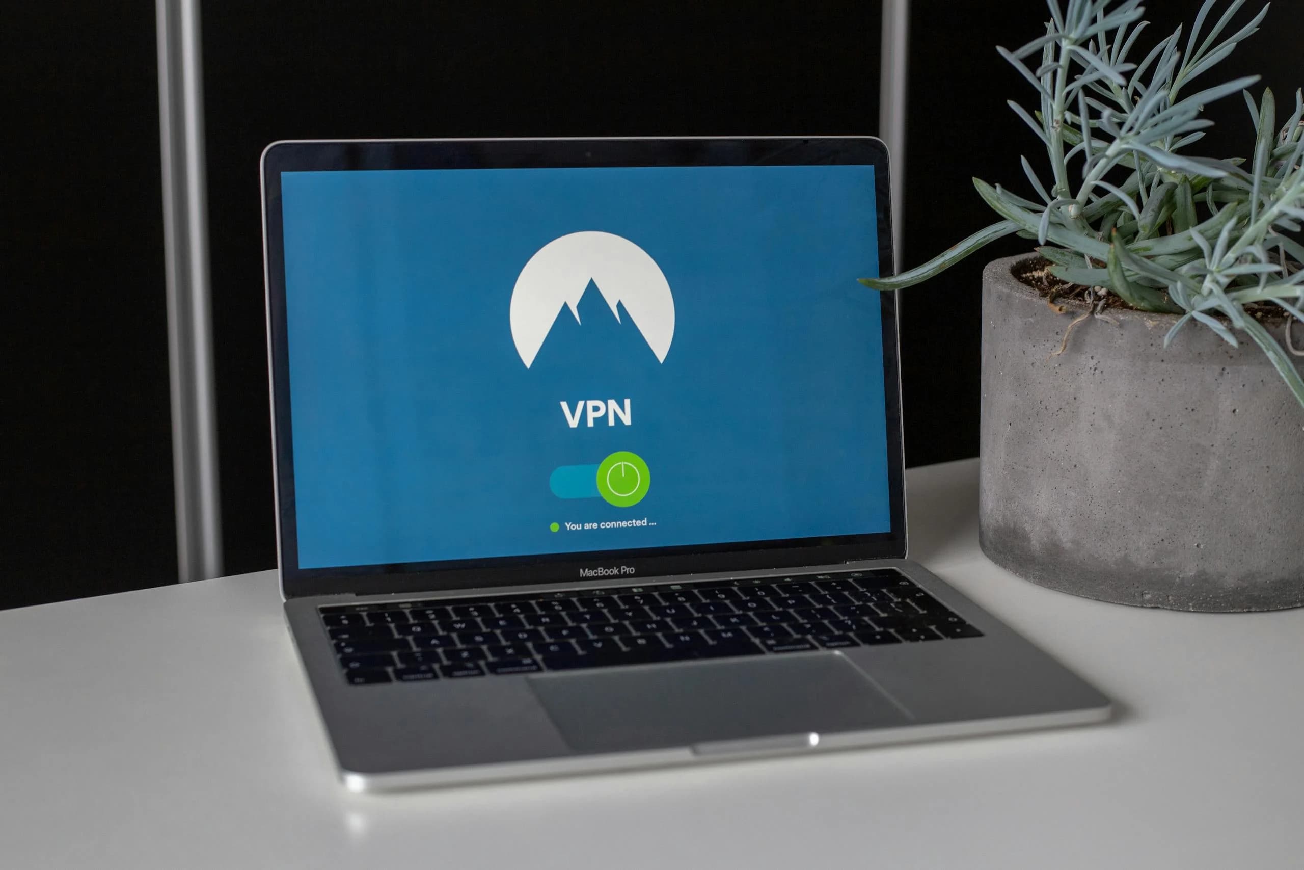 A laptop on a desk with a network-connection screen and a small plant, the visual stand-in for cloud-routed transcription