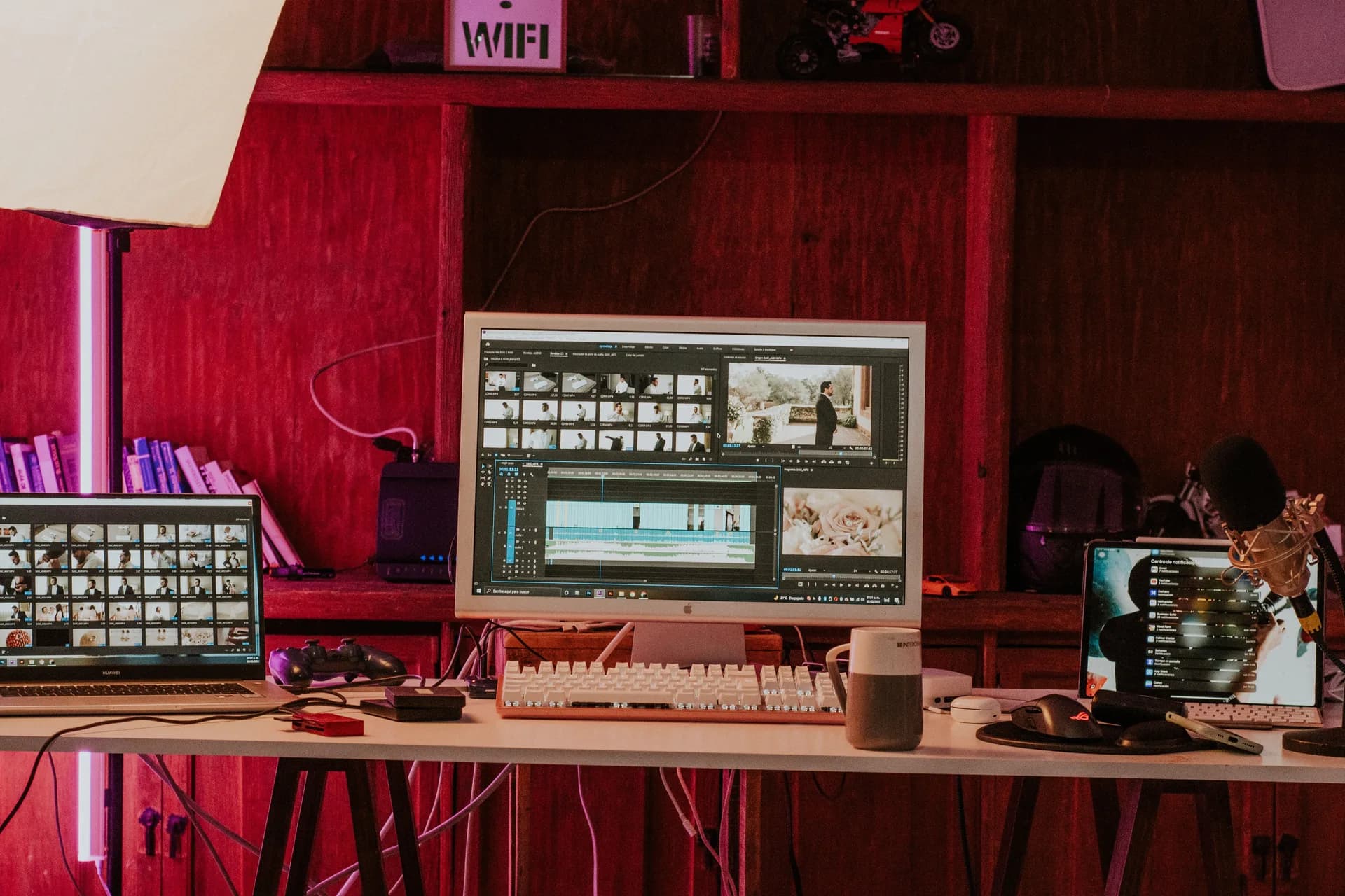 Dual-monitor editing workstation with keyboard and microphones, framing the file-transcription versus dictation tradeoff