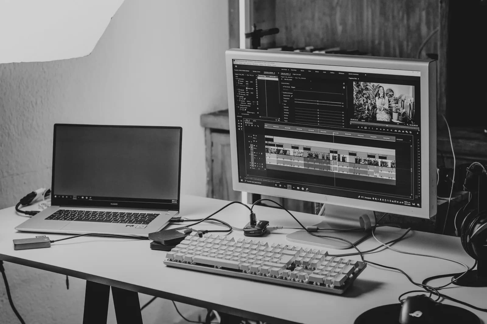 Monochrome editing desk with laptop and monitor, illustrating a newsroom file-transcription workflow
