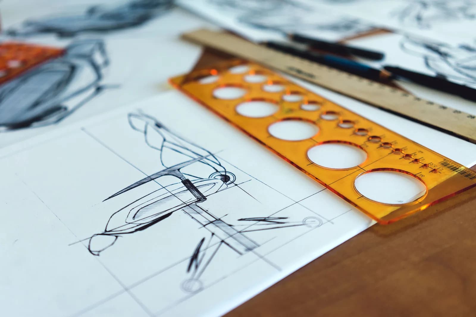 Detailed design drawings and drafting tools laid out on a desk, all done by hand