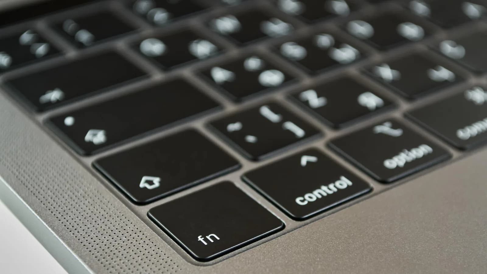 Close-up of a Mac keyboard with the Fn key in focus