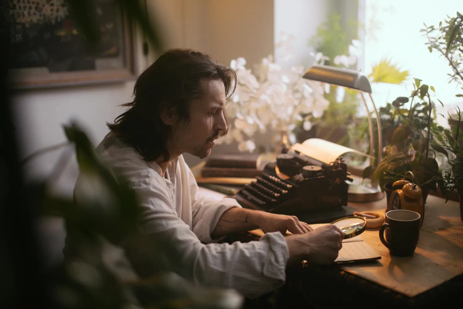 A writer at a laptop on a dark desk with a coffee, drafting a post by speaking