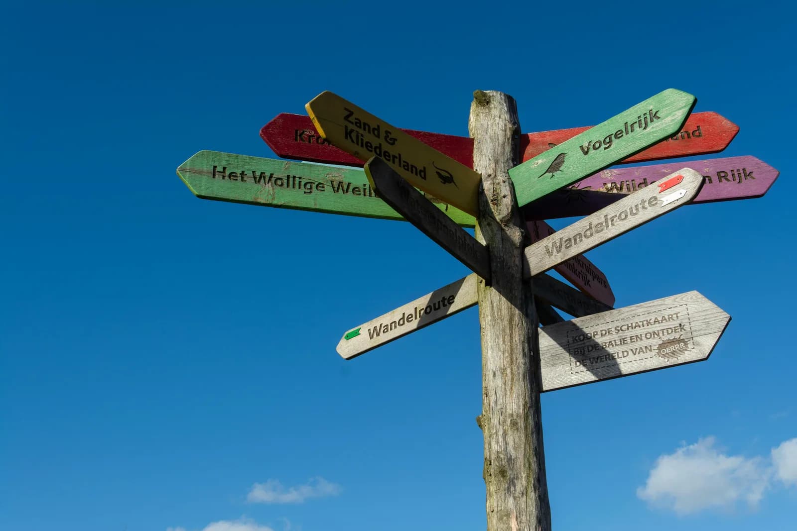 A weathered wooden signpost with arrows pointing in several directions against a clear sky