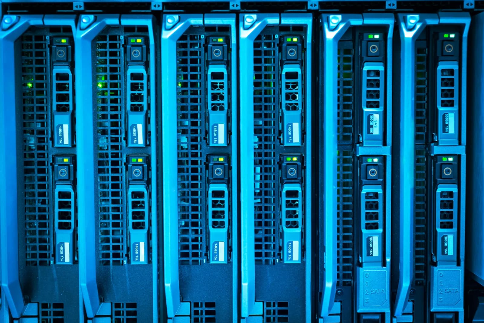 Illuminated server racks glowing blue in a modern data center, evoking a cloud transcription API