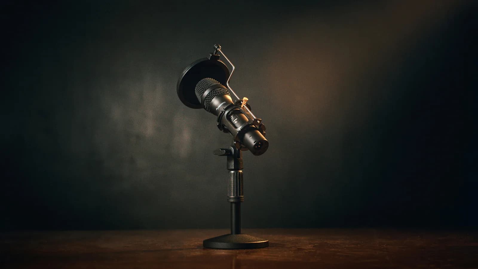 Professional microphone on a desk in a dim studio, suggesting capturing and transcribing audio