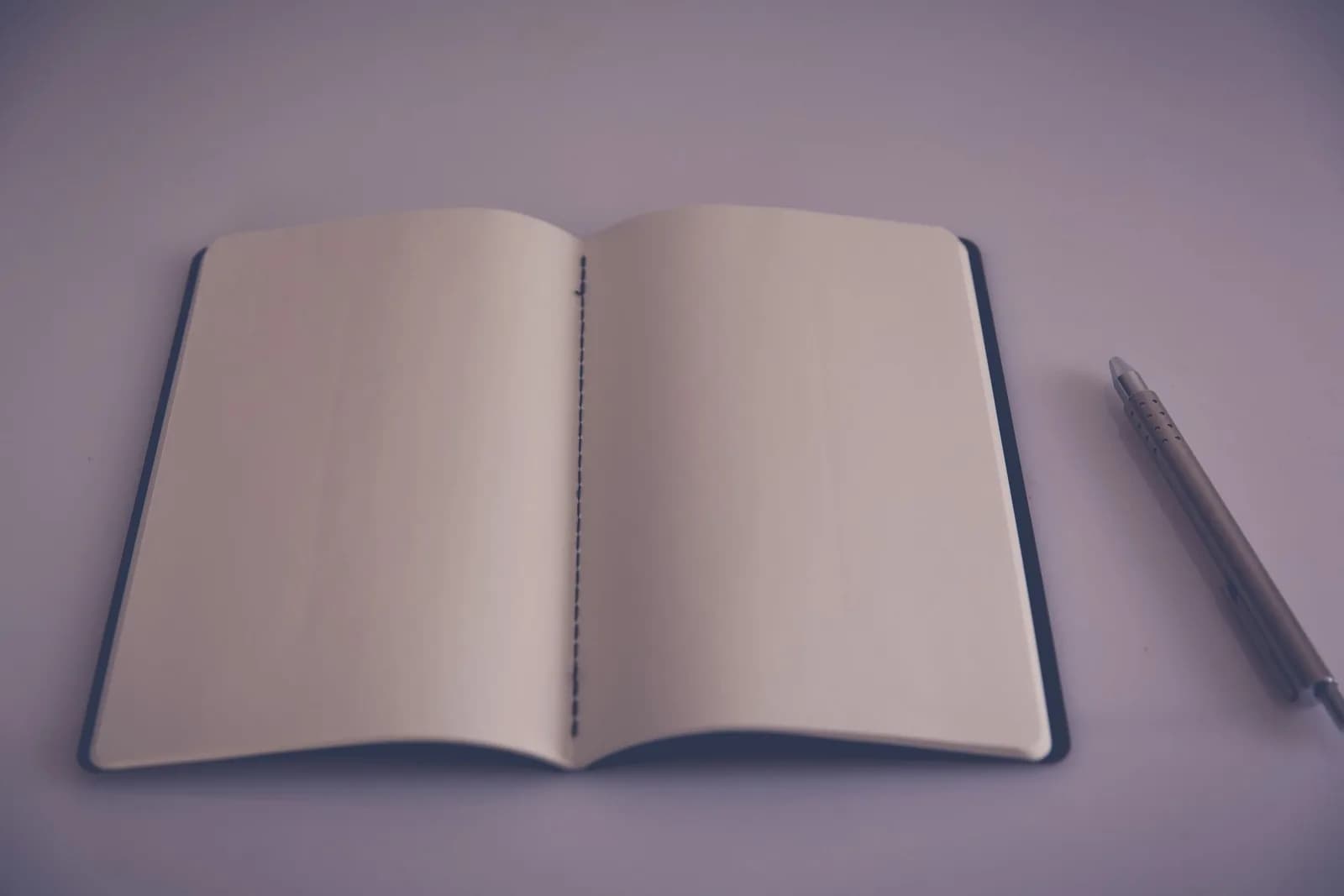 Open notebook with a pen on a blank page, suggesting full manual control over punctuation