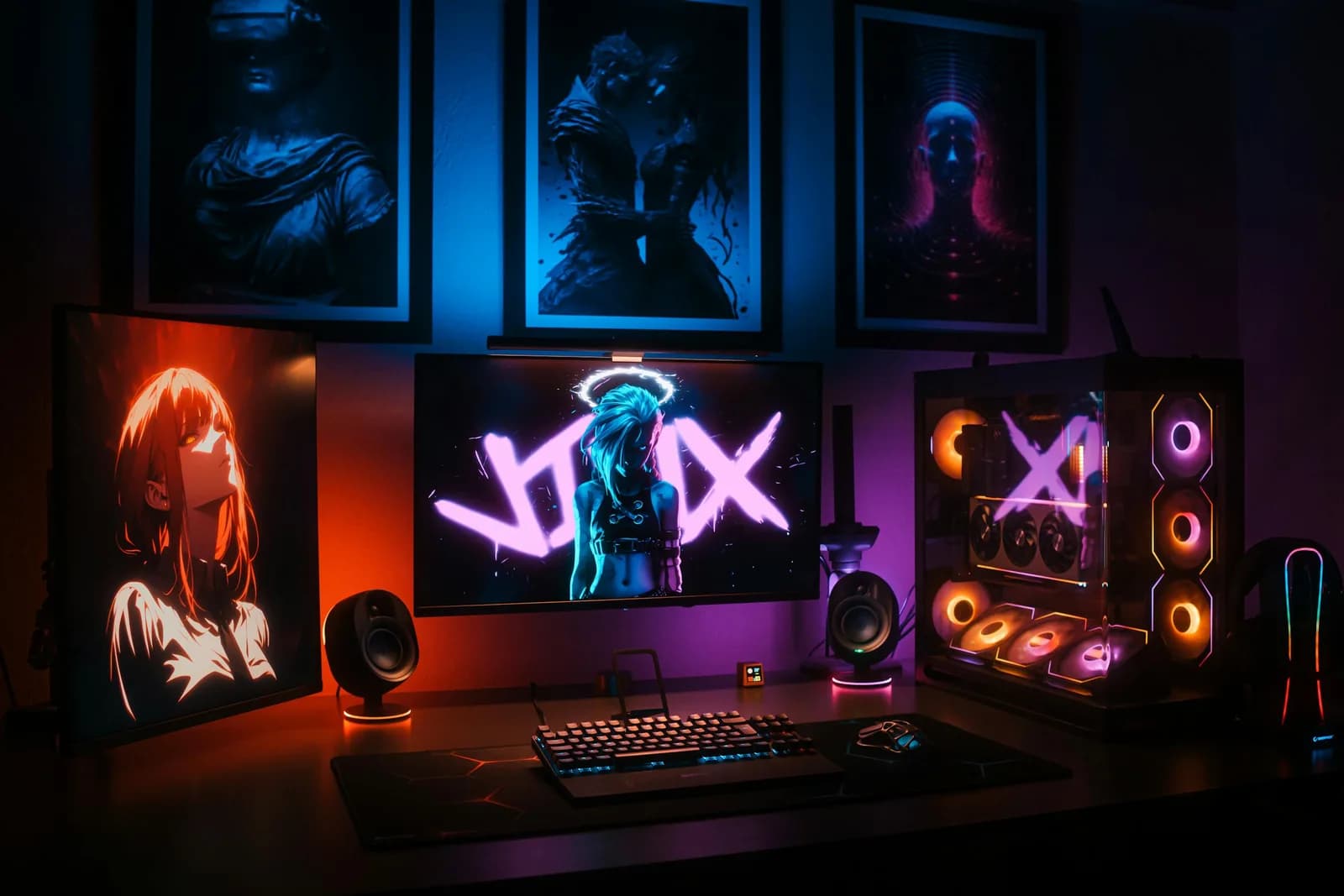 A dark gaming desk lit in blue and purple neon, evoking late-night Discord chat