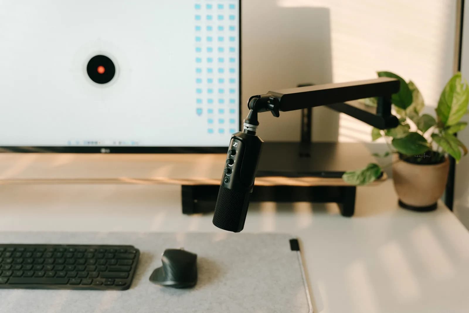 Home office with a desktop microphone, keyboard and screen — a simple setup where built-in dictation does the job