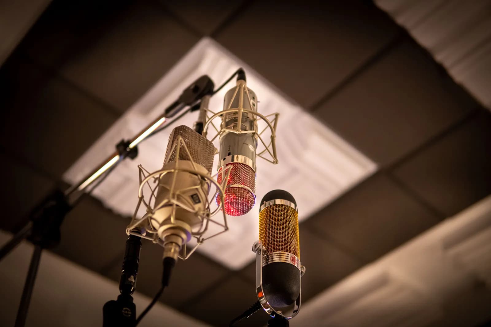 Three condenser microphones lined up, illustrating the choice of audio input device