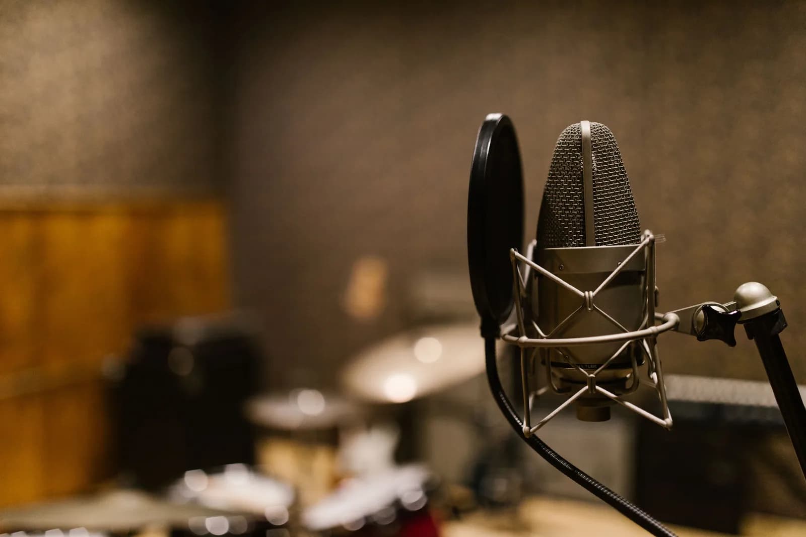 Condenser microphone with a pop filter in a studio, illustrating gear that shapes audio quality