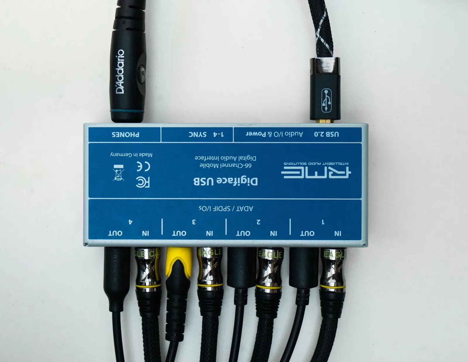 Audio interface with multiple cables connected, evoking audio drivers and the input device after an update